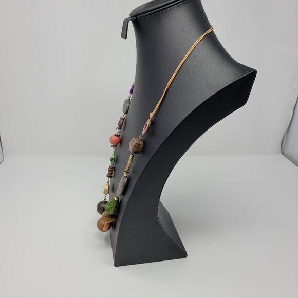 Artisan Primitive Tribal Multicolor Colored Wooden Opera Necklace 32" - Picture 7 of 7